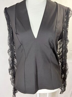 Intimately Free Free People V Neck Stretch Top Sheer Lace Polka Dot Sleeve Sz M